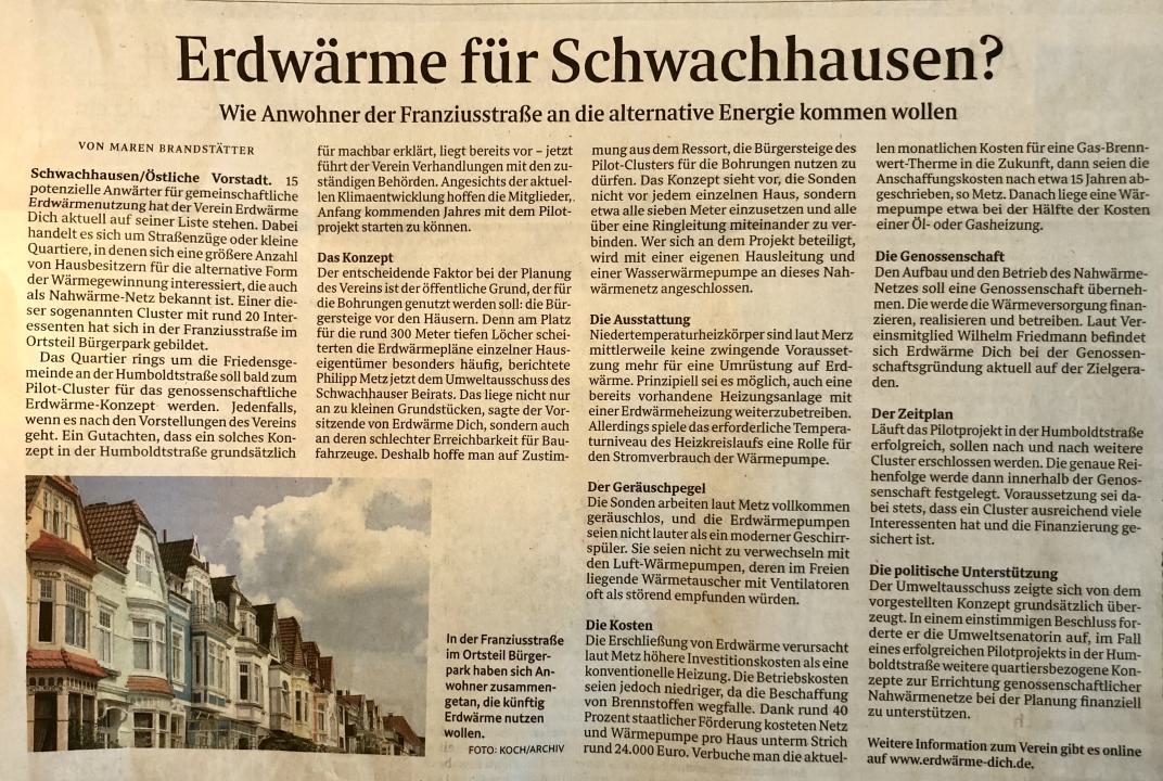 Fachausschuss Umwelt Schwachhausen im Weser-Kurier vom 16.11.23