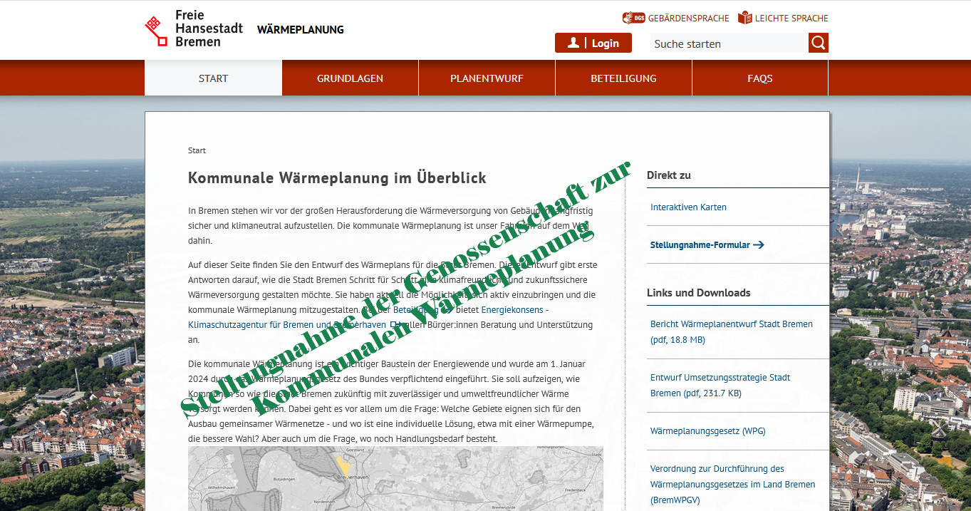 Webseite zum 1. Entwurf der Kommunalen Wärmeplanung Bremens/ Stellungsnahme Genossenschaft Anergienetze eG