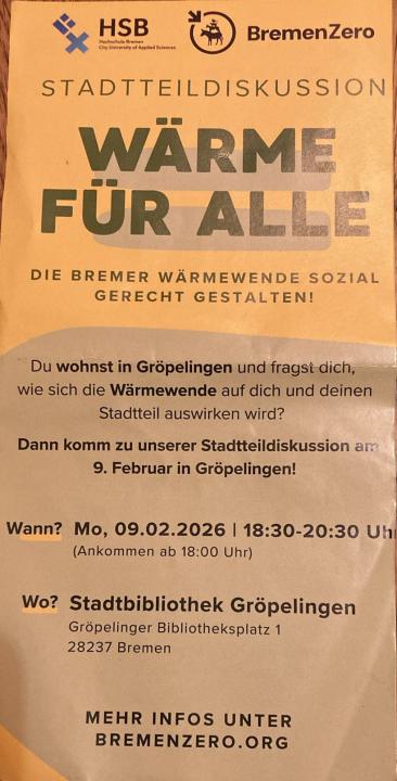 Veranstaltungsplakat Stadtteildiskussion "Wärme für alle"