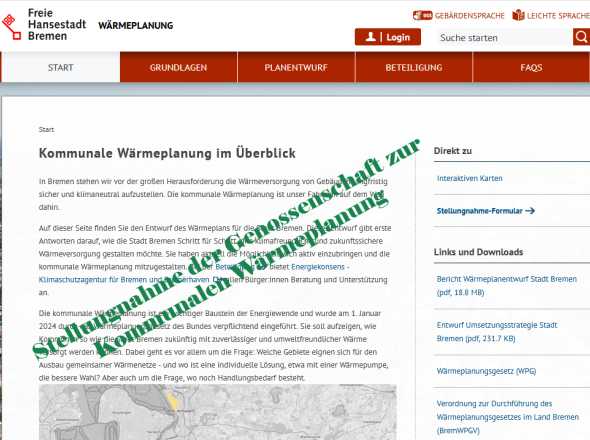 Webseite zum 1. Entwurf der Kommunalen Wärmeplanung Bremens/ Stellungsnahme Genossenschaft Anergienetze eG
