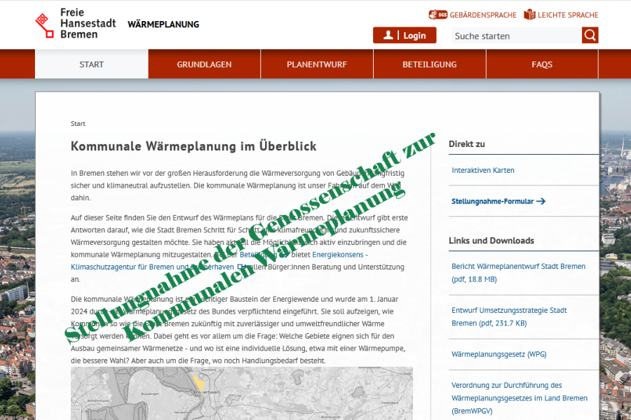 Webseite zum 1. Entwurf der Kommunalen Wärmeplanung Bremens/ Stellungsnahme Genossenschaft Anergienetze eG